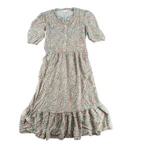 Beau & Ro Floral Pastel Maxi Dress Prairie Cottage Small Ruffle Smocking